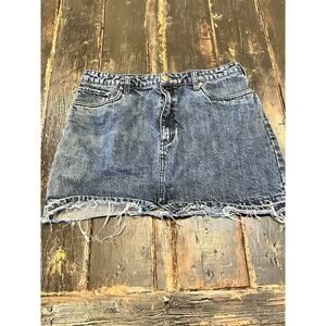 Free People Denim Mini Skirt Raw Hem Blue Jean Skirt Size 12 Distressed Boho